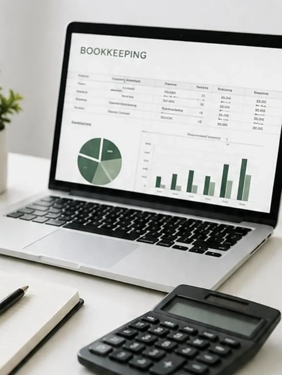 Laptop showing bookkeeping charts on a tidy desk, next to a notebook and calculator